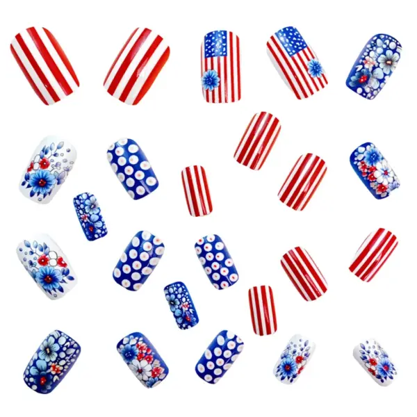 Wholesale Blue Press-on Nail Stickers Medium Length European Square Independence Day Floral Nail Art Decoration Polyester Fiber