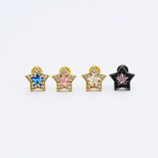 Wholesale Stainless Steel Fine Rod Copper Plated Gold Micro Paved Flashing Powder Blue Zircon Star Ear Cuff Women's Fashion Jewelry