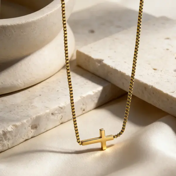 Wholesale Waterproof Cross Pendant Necklace For Women In 304 Stainless Steel With Zircon Inlay, 18K Gold Plated, 0.03µm Cable Chain