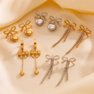 Wholesale 304 Stainless Steel Solid Color Knot Bow Knot PVD Coated Rhinestones 18K Real Gold Plated 18K Gold Vintage Style Simple Style Waterproof Non Tarnish Inlay Gold Drop Earrings