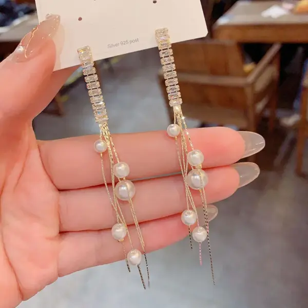Wholesale Long Pearl Earrings Women's Silver Needle Zirconia Drop Earrings Face Slimming New Style Versatile Elegant Ear Jewelry