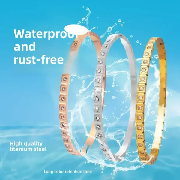 Wholesale Waterproof Non Tarnish Bangle For Women In Gold, Electroplated Titanium Steel With Rhinestones Inlay