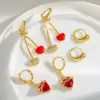 Wholesale 18K Gold Plated Copper Zircon Cherry Heart Oil Drop Art Earrings For Women
