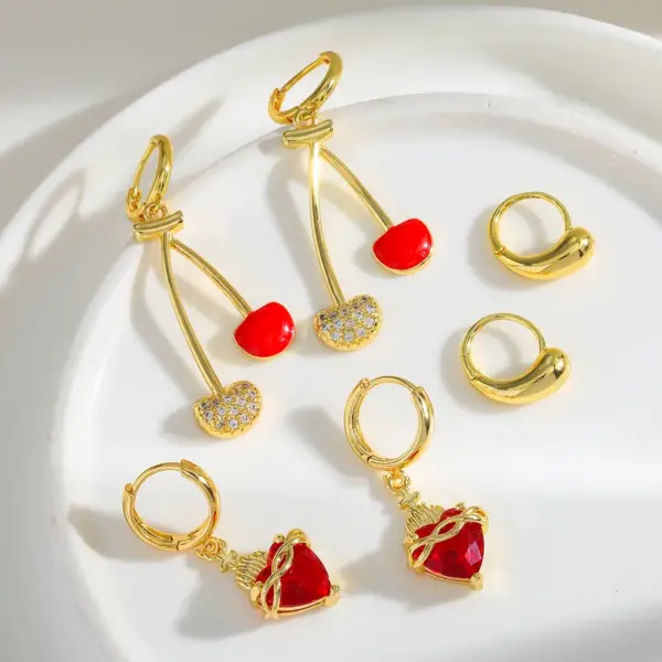 Wholesale 18K Gold Plated Copper Zircon Cherry Heart Oil Drop Art Earrings For Women