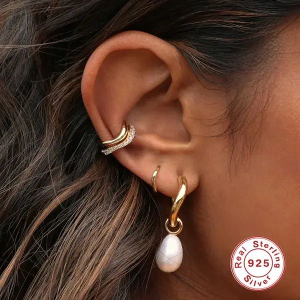 Wholesale 1 Pair S925 Sterling Silver Curved Wave Two-tone Diamond Earrings Silver Round Hoop Earrings