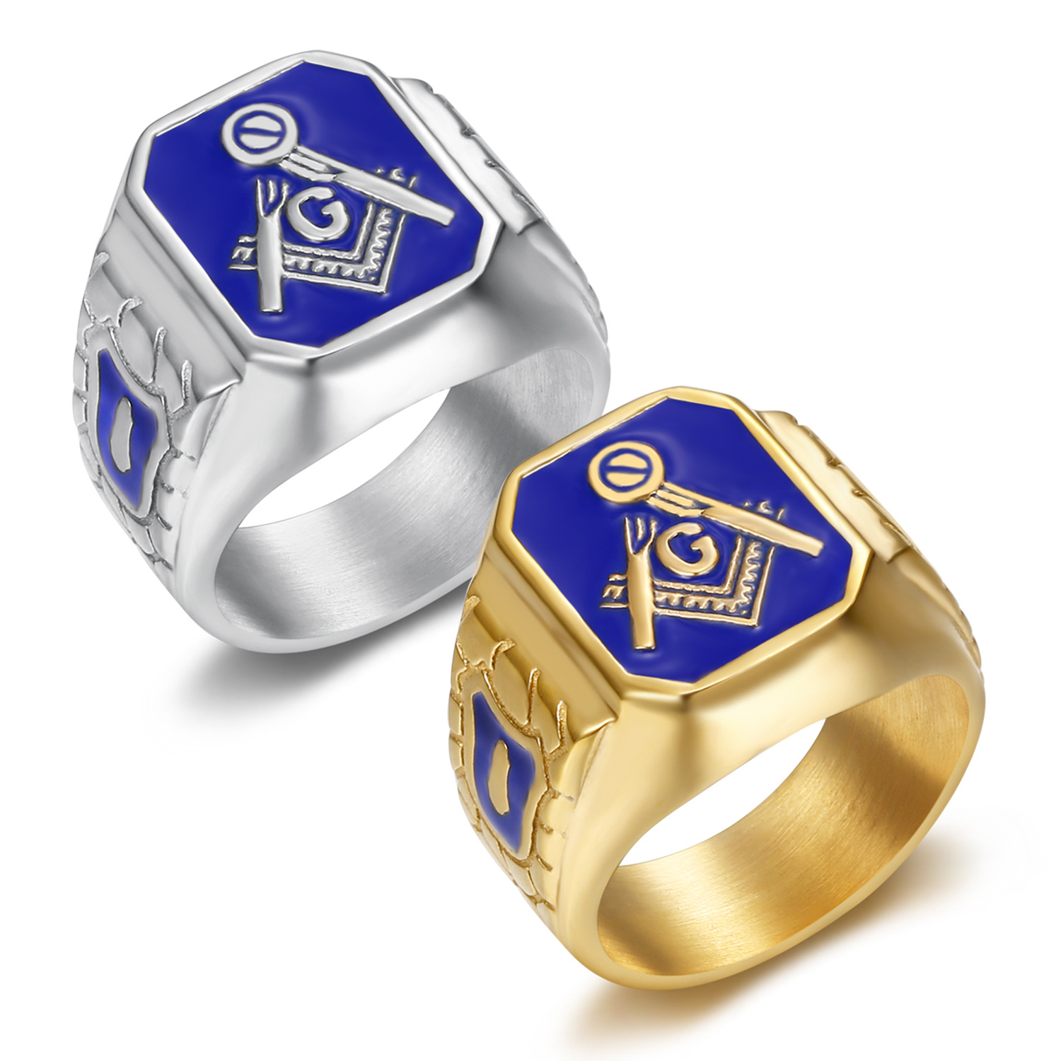 Wholesale European and American Cross-border New Hip Hop HIPHOP Jewelry Titanium Steel Gold Plated Blue Glue Masonic AG Men's Ring