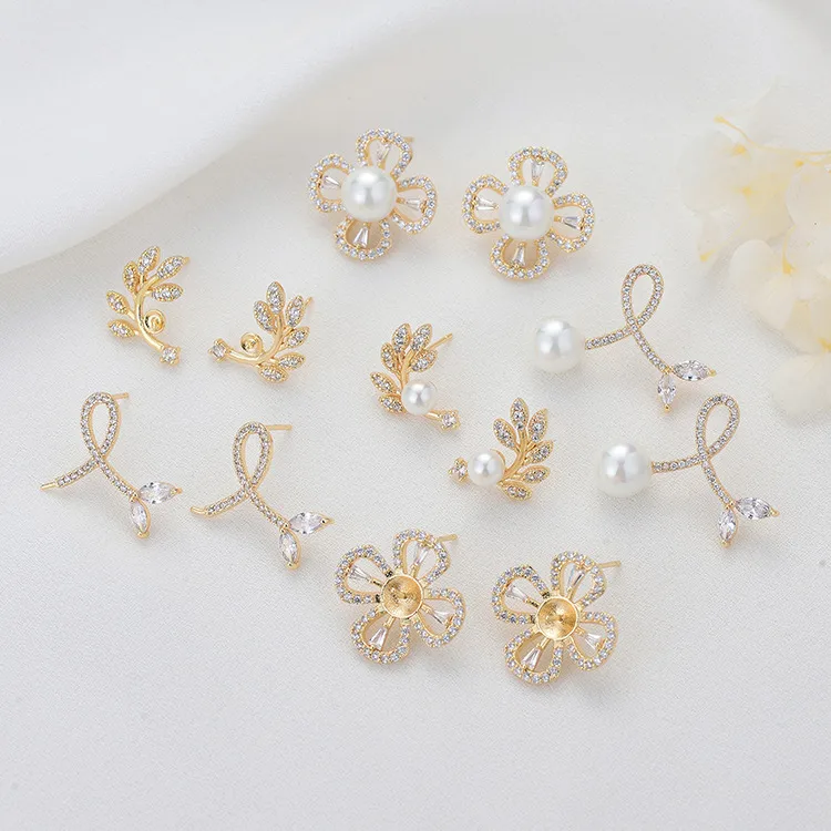 Wholesale Flowers Stud Earrings For Women With 925 Sterling Silver Posts And Copper Base Inlaid With Zirconia In Simple Style