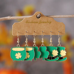 Wholesale 3 pairs St. Parcret Festival Irish green clover hat pendant drop oil earrings suit festival earrings