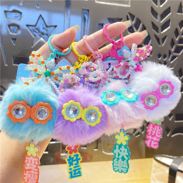 Wholesale  Cartoon Sunglasses Fabric Plush Good Luck Starlight Fur Ball Keychain Doll Pendant Couple Bag Hanging Ornaments Women