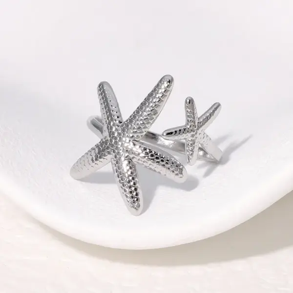 oly-b7725e6a7bf0f5645990dd151f58bb63 Wholesale PVD Coated Real Gold Plated 18K Gold Animal Starfish 304 Stainless Steel Vacation Beach IG Style Waterproof Non Tarnish Open Rings