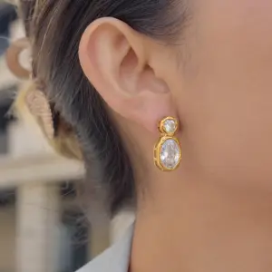 Wholesale Oval Waterproof Non Tarnish Earrings For Women, 304 Stainless Steel With 18K Real Gold PVD Coated Plating And Zircon Inlay