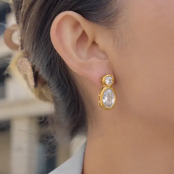 Wholesale Oval Waterproof Non Tarnish Earrings For Women, 304 Stainless Steel With 18K Real Gold PVD Coated Plating And Zircon Inlay