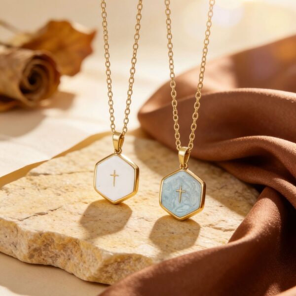 Wholesale Stainless steel electroplated blue jasper cross pendant necklace, titanium steel colorfast jewelry