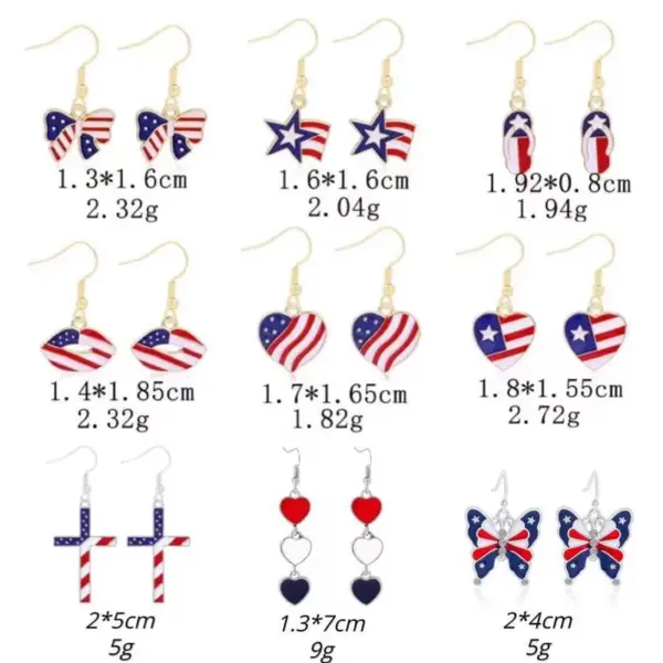 Wholesale USA Independence Day Butterfly Lip Heart Shaped Earrings Red White Blue Dangle Jewelry Fashion Unisex Zinc Alloy Painted Craft