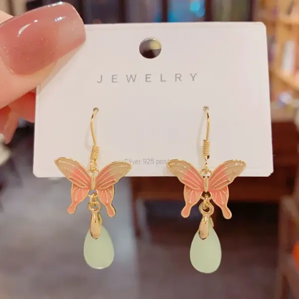 Wholesale Elegant Butterfly Drop Earrings Women's New Chinese Style Retro Cold Tone Fashionable Versatile Geometric Pattern Gold Plated Copper