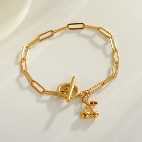 Wholesale Vacuum Electroplating (In Furnace) Plated 18K Real Gold Cherry Zircon 201 Stainless Steel 304 Stainless Steel Women's Bracelet