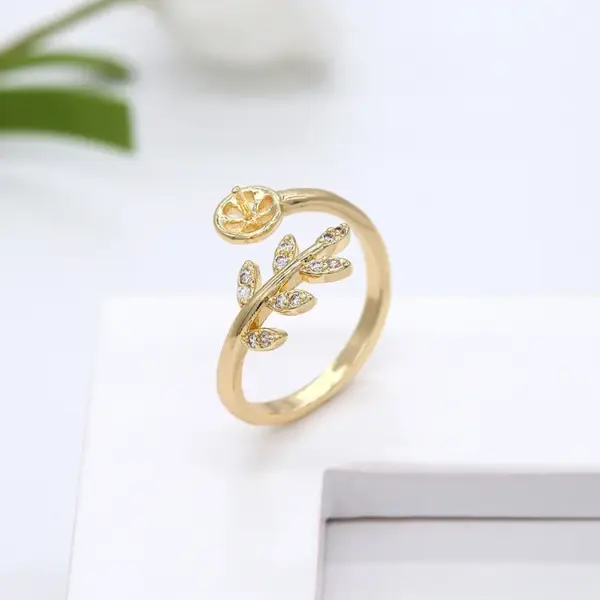 Wholesale Adjustable Leaves Ring For Women In 14k Gold Filled With Electroplated Finish And Zircon Inlay, New Style