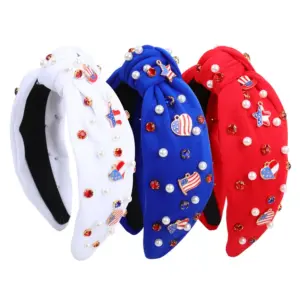 Wholesale Wide Fabric Headband With Pearls And Rhinestones, American Independence Day Flag Colors, Holiday Party Hair Accessories For Women