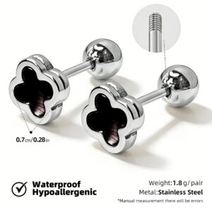 Steel color stainless steel screw-back stud earrings with clover-inlaid black shell (priced per pair, 12 pairs per pack) / [full body stainless steel material] [mirror polished furnace vacuum plating] [waterproof and non-fading]