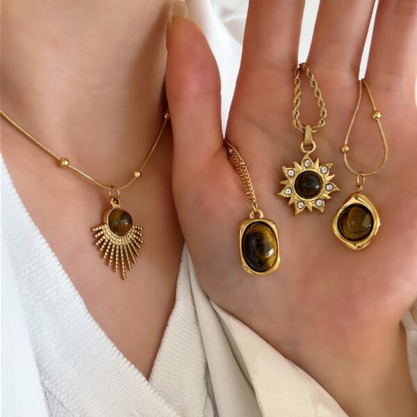 oly-b8caaa6058612c42da2bab0398fed1aa Wholesale Maillard Tiger Eye Stone Necklace Women's Spring and Summer Style Light Luxury Niche Titanium Steel Non-Fading Sweater Chain