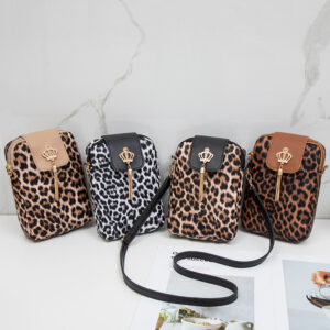 Wholesale Vertical small bag, retro color-blocked crossbody bag, leopard print tassel phone bag