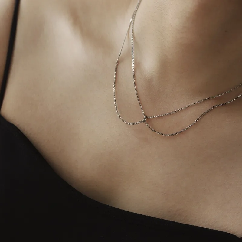 Wholesale Adjustable Double Layer Titanium Steel Necklace Vacuum Gold Plated Line Clavicle Chain Buckle Ring