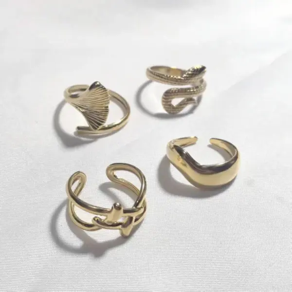Wholesale Plasma Plated Steel Color 304 Stainless Steel Open Ring Snake-Shaped Cross Ginkgo Leaf Waterproof Non-Fading For Women