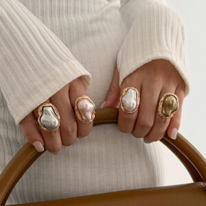 Wholesale jewelry baroque inlaid shaped pearl ring retro irregular alloy rings