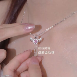 Wholesale Cupid heart necklace female love Angel wings tassel romantic clavicle chain Qixi gift for girlfriend
