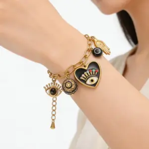 Wholesale Devil's Eye Waterproof Bracelet For Women With 18K Gold Plated 304 Stainless Steel Resin Inlay Cuban Link Chain