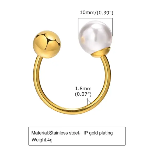 Wholesale Women'S 304 Stainless Steel PVD Coated 18K Gold Plated Plating Inlay Round Artificial Pearls Open Ring Imitation Pearl Jewelry