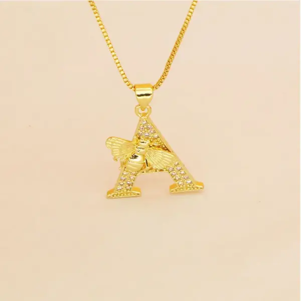 Wholesale New Fashion Classic Bee Diamond Embedded 26 English Alphabet Gold Plated Copper Link Necklace For Women Ins Style Gold Color