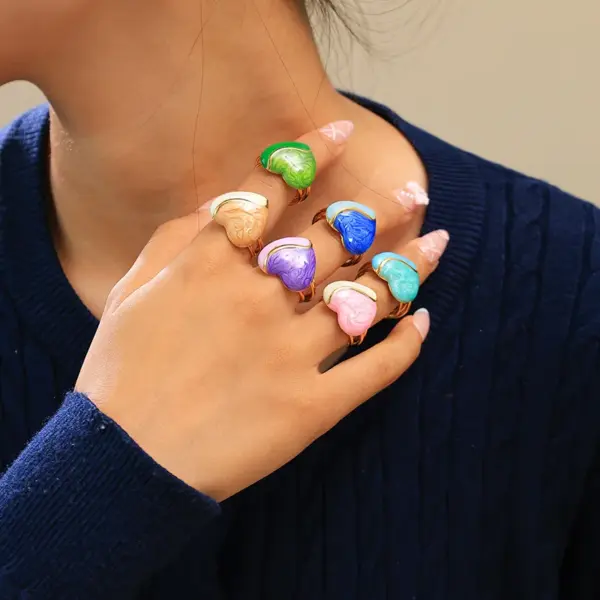 Wholesale Jewelry Elegant Cute Sweet Heart Shape 304 Stainless Steel 14K Gold Plated Enamel Plating Open Rings