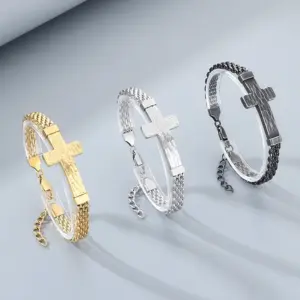 Wholesale Simple Style Cross Bracelet For Men In 304 Stainless Steel With 18K Real Gold Plated PVD Coating 0.03µm
