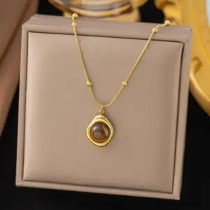 【QYH95】Geometric Tiger Eye Stone Necklace / Gold