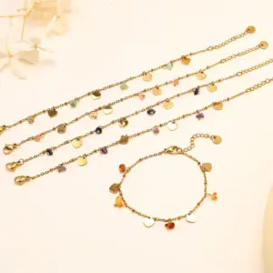 Wholesale Heart-shaped Bracelet 18K Gold Color Natural Stone Women's Bracelet Bohemian Floral Print Titanium Steel