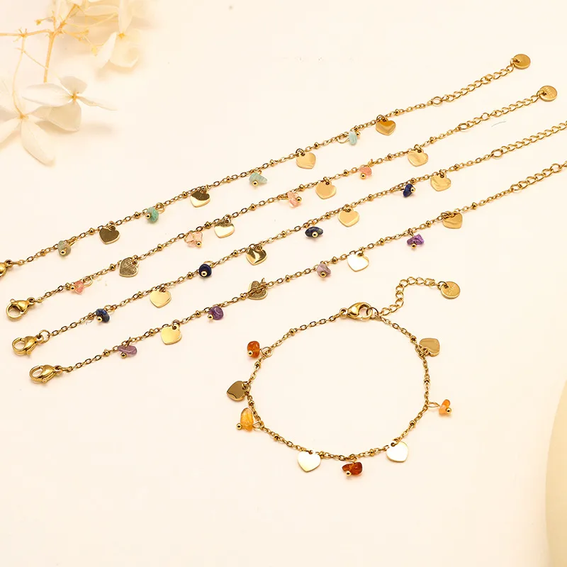 Wholesale Heart-shaped Bracelet 18K Gold Color Natural Stone Women's Bracelet Bohemian Floral Print Titanium Steel