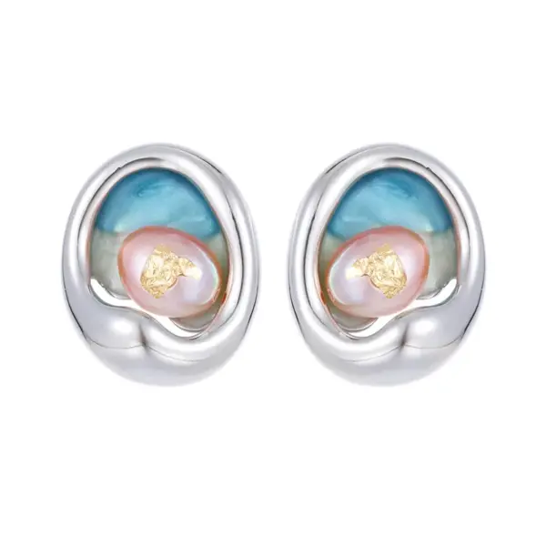 Wholesale Asymmetrical Oil Painting Stud Earrings For Women With Copper And Baroque Pearl Inlay, Featuring 925 Sterling Silver Posts