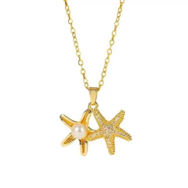 Wholesale Starfish Inlay Pendant Necklace For Women In Copper With 18K Real Gold Plated And Artificial Rhinestones, Water Plating On Cable Chain