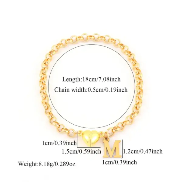 Wholesale Universal Electroplated 18K Real Gold Personalized Fashion Initial Heart Magnet Clasp Women's 201 Stainless Steel Chain Bracelet
