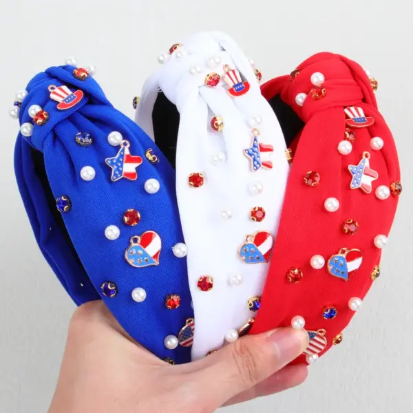 Wholesale Wide Fabric Headband With Pearls And Rhinestones, American Independence Day Flag Colors, Holiday Party Hair Accessories For Women