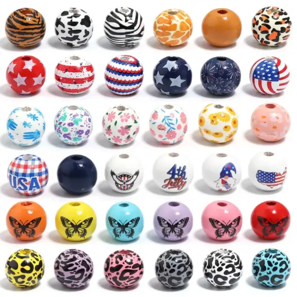 Wholesale Butterfly Printing Wood Beads, 10 PCS/Package, Available In Colour, Perfect For American National Day Crafts