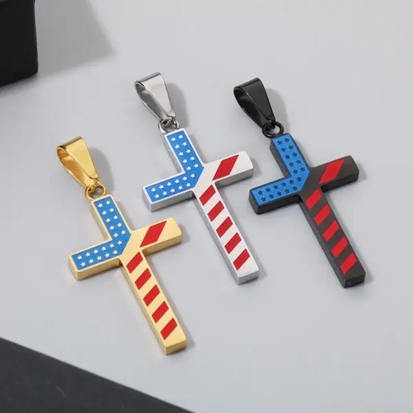Wholesale 1 Piece 33*20mm 600*3mm 304 Stainless Steel 18K Gold Plated Cross American Flag Pendant Chain