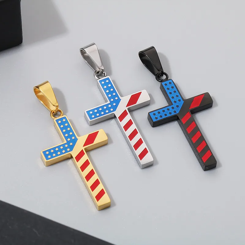 Wholesale 1 Piece 33*20mm 600*3mm 304 Stainless Steel 18K Gold Plated Cross American Flag Pendant Chain