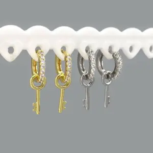 Wholesale Ins Style Simple Key Earrings Copper Inlaid Zircon Hoop Fashion Women's Earrings Daily Wear Dangling Earrings Imitation Gold Plated Universal Electroplated