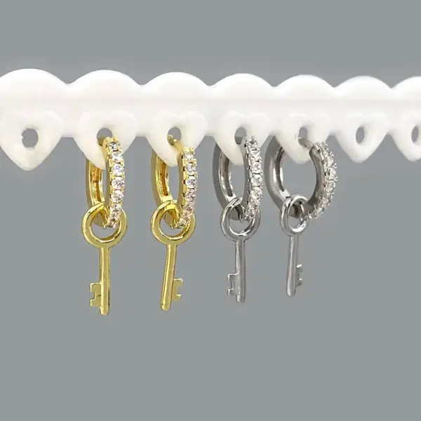 Wholesale Ins Style Simple Key Earrings Copper Inlaid Zircon Hoop Fashion Women's Earrings Daily Wear Dangling Earrings Imitation Gold Plated Universal Electroplated