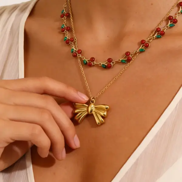 Wholesale Cherry Waterproof Necklace For Women, 304 Stainless Steel With 18K Gold Electroplated And Zircon Inlay, Box Chain