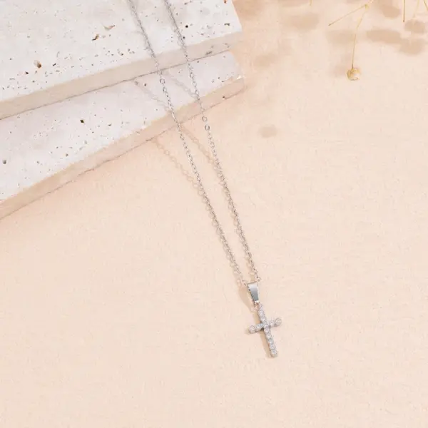 Wholesale Women’s Cross Pendant Necklace With Machine Inlaid Rhinestones, 18K Real Gold Plated 304 Stainless Steel, PVD Coated Cable Chain
