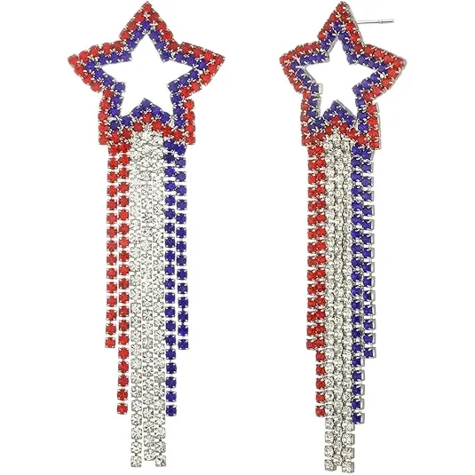 Wholesale American Flag Independence Day Heart Shaped Rhinestone Pendant Earrings Women Bohemian Long Waterdrop Jewelry Accessories