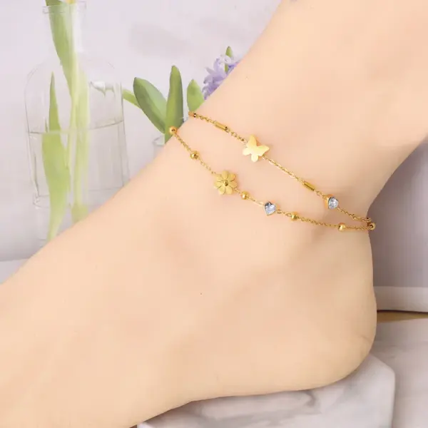 Wholesale 304 Stainless Steel Heart Shape PVD Coated Rhinestones Glass Stone Shell 18K Real Gold Plated Simple Style Classic Style Waterproof Non Tarnish Inlay Anklet